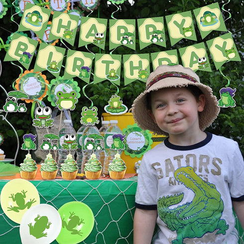 Frog Party Supplies, Cute Cartoon Frog Theme Birthday Decorations with Happy Birthday Banner, Cake Toppers, Balloons, Hanging Swirls for Boys Girls 1st Baby Shower Frog Themed Party Supplies Decor