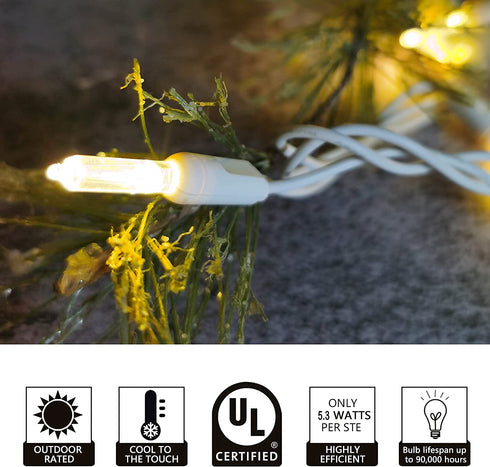 Yirunfa Christmas String Lights 50 Warm White LED T5 Xmas Light 17FT, 120V UL, White Wire Connectable for Outdoor and Indoor Decorations, Wedding, Tree, Garden, Bedroom