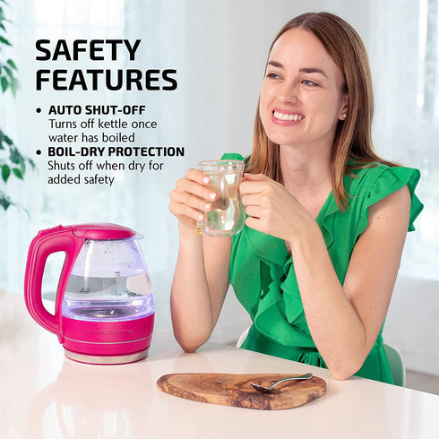 Ovente Electric Kettle Hot Water Boiler 1.5 Liter BPA Free Borosilicate Glass Fast Boiling Countertop Heater with Automatic Shut Off & Boil Dry Protection for Tea Coffee Milk Noodle, Pink KG83F