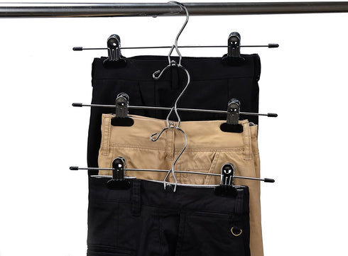 12 Quality Pants Hangers Heavy Duty Add-on Skirt/Slack Metal Hanger, Extra Wide Adjustable Clips, Multi Stackable Add on Hangers, Chrome, Jeans, Bottoms (12)