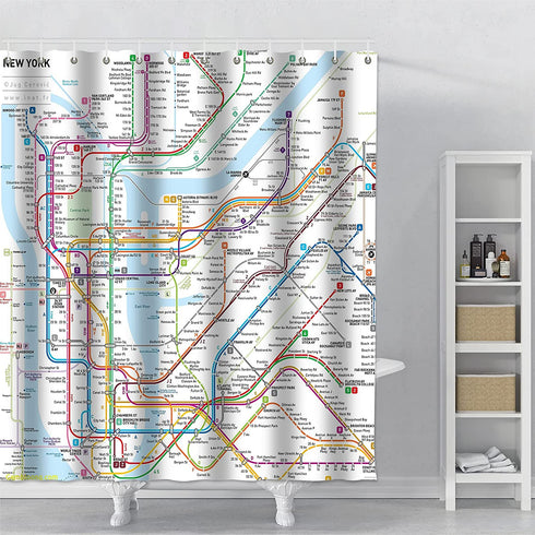 New York Subway Map Shower Curtain White Subway Map Shower Curtains for Bathroom Waterproof Polyester Fabric Shower Curtain Sets with Hooks 72x72 Inch