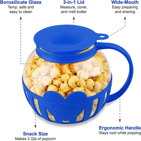 Tahoe Trail Christmas Gifts Borosilicate Glass Microwave Popcorn Popper Maker with Lid, BPA Free Hot Air Microwave Popcorn Maker Bowl, Use In Microwave or Oven, Dishwasher Safe, 3 Quart Family Size (Blue)