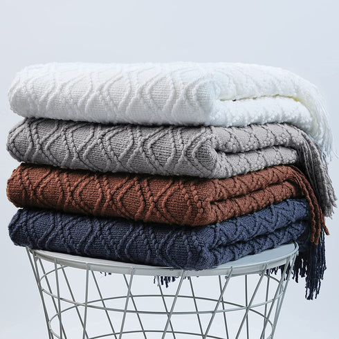 PHF Acrylic Knit Throw Blanket 50 x 60 inches, Lightweight Soft Cozy Decorative Woven Blanket with Tassels for Couch, Bed, Sofa, Chair, Home Travel, Suitable for All Seasons, Navy