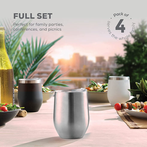 Triple Insulated Wine Tumbler With Lid (4 Pack) 12oz Stainless Steel Wine Glass Set- Insulated Tumblers Keep Drinks Hot & Cold for Outdoors, Beach, Picnics- Unbreakable Wine Glasses With BPA Free Lids