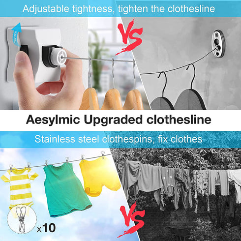 Aesylmic Retractable Clothesline Outdoor, Adjustable Tightness Retractable Laundry Line, Wall-Mounted Heavy Duty Clothes Line Indoor, Up to13.8 Feet Long Clothes line
