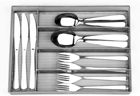 Flatware Tray Utensil Drawer Organizer Kitchen Utensil Cutlery Tray Mesh Designing with Foam Feet Multi Compartments Keep Desk Drawer and Office Supplies Well Organized (Silver)