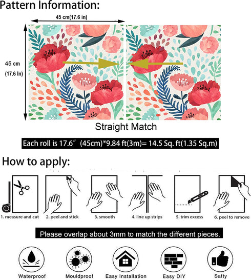 Blooming Wall Peel&Stick Red Flower Green Leaves Self-Adhesive Prepasted Wallpaper Wall Mural (Red Floral)