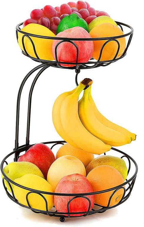 2 Tier Fruit Basket for Kitchen Countertop Detachable Metal Wire Fruits Vegetable Storage Bowl Tiered Stand Holder with Banana Hanger for Dining Table Organizer