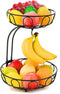 2 Tier Fruit Basket for Kitchen Countertop Detachable Metal Wire Fruits Vegetable Storage Bowl Tiered Stand Holder with Banana Hanger for Dining Table Organizer