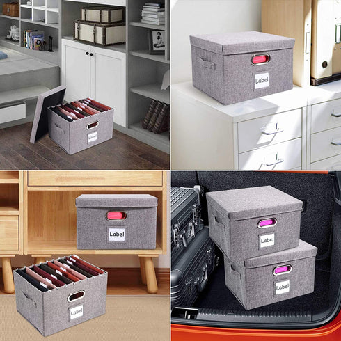 File Storage Organizer, Collapsible Office File Boxes with Lid, Linen Filing Hanging Folder Document Organizers for Letter/Legal Size with Slide Rails