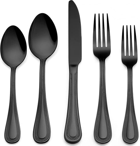LIANYU 20-Piece Black Silverware Set for 4, Stainless Steel Flatware Cutlery Set with Pearled Edge, Home Kitchen Restaurant Tableware Utensils Include Knives Spoons Forks, Dishwasher Safe
