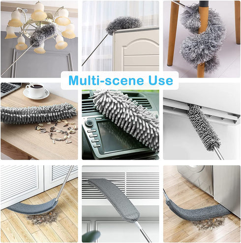 Microfiber Duster, Dusters for Cleaning, with Extension Pole (Stainless Steel) 30 to 100 Inches, Washable Lightweight Cobweb Duster Ceiling Fan, High Ceiling, Blinds, Furniture, Cars
