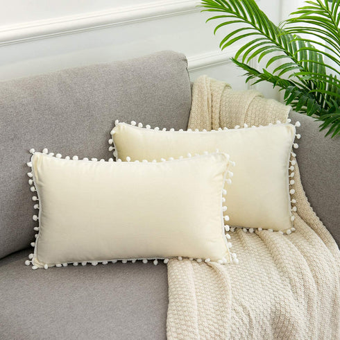 WLNUI Set of 2 Soft Velvet Lumbar Ivory White Pillow Covers 12x20 Inch Decorative Cute Pom Poms Throw Pillow Covers Cushion Case for Sofa Couch Home Farmhouse Decor