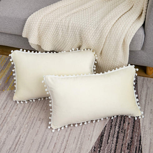 WLNUI Set of 2 Soft Velvet Lumbar Ivory White Pillow Covers 12x20 Inch Decorative Cute Pom Poms Throw Pillow Covers Cushion Case for Sofa Couch Home Farmhouse Decor
