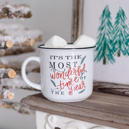 Sweet Water Decor Christmas Coffee Mug | Rustic 16oz Ceramic Campfire Style Coffee Cup Microwave & Dishwasher Safe | Festive Seasonal Holiday Mug for Women (It's the Most Wonderful Time of the Year)