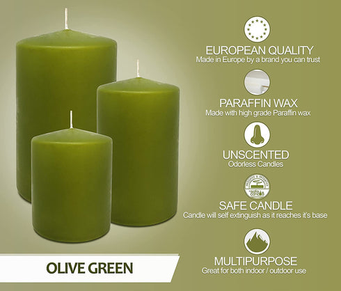 Hyoola Olive Green Pillar Candles 2x4 Inch - 4 Pack Unscented Pillar Candles Bulk - European Made