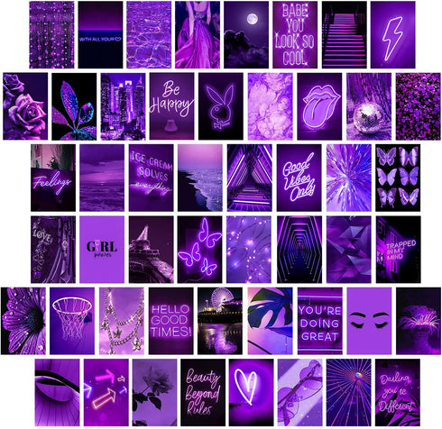 WOONKIT Purple Wall Collage Kit Aesthetic Pictures, Wall Decor for Bedroom Aesthetic, Photo Wall Collage, Room Decor for Teen Girls, Purple Wall Decor, Collage Kit, Trendy Teen, 50PCS 4x6 INCH