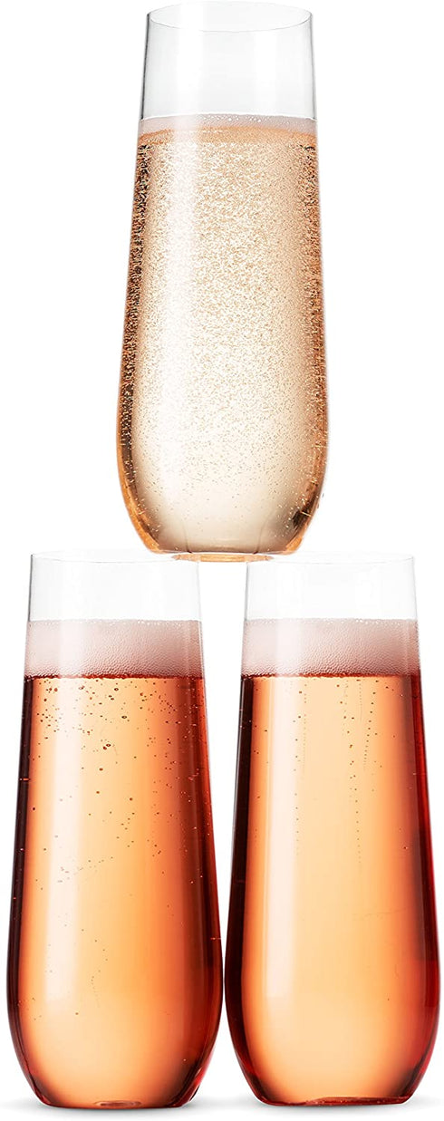 24 Pack Stemless Plastic Champagne Flutes Disposable 9 Oz Clear Plastic Toasting Glasses Shatterproof Recyclable and BPA-Free