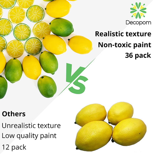 Fake Lemons Limes and Slices Set - 36 Kit Decoration Faux Citrus Fake Fruit - Artificial Lemons Fruit Decorations for Kitchen Home Office Weddings Table Centerpiece Party Tree Lemon Decor for Kitchen