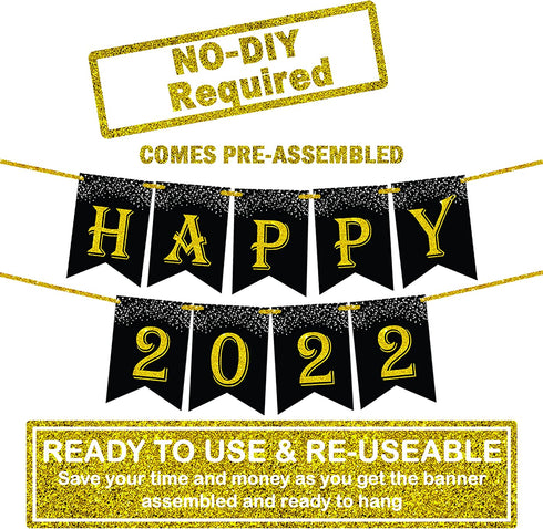 Gold Glitter, Happy 2022 Banner - 10 Feet, No DIY | Happy New Year Banner 2022 for Happy New Year Decorations 2022 | New Years Eve Party Supplies 2022 | New Years Eve Banner 2022 | NYE Decorations