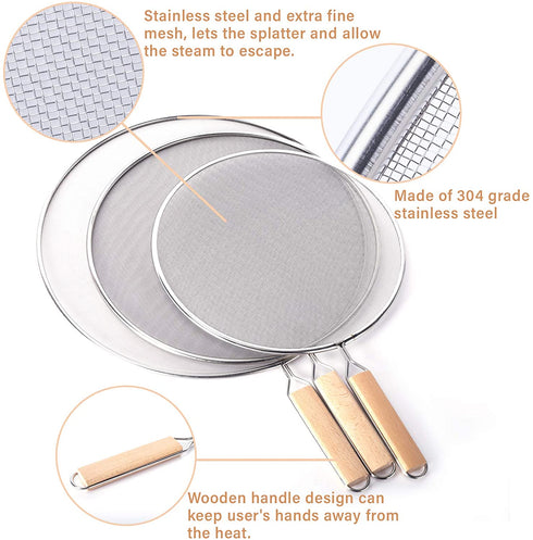 3 Pieces Grease Splatter Screen for Frying Pan, Splatter Guard Mesh Stainless Steel Grease Guard Shield for Kitchen Frying Pan Cooking Supplies Set of 9.8", 11.5" and 13" inch (Wood Handle)