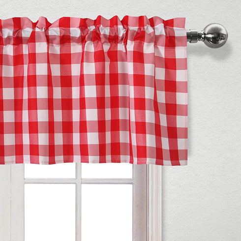 Hiasan Semi Sheer Tier and Valance Curtains Set Light Filtering Buffalo Checkered Kitchen Curtains, Red, Set of 3 Pieces