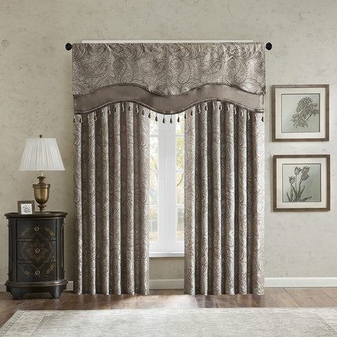 Madison Park Faux Silk Paisley Jacquard, Rod Pocket Curtain with Privacy Lining for Living Room, Kitchen, Bedroom and Dorm, 50 in x 18 in, Blue Bead Trim