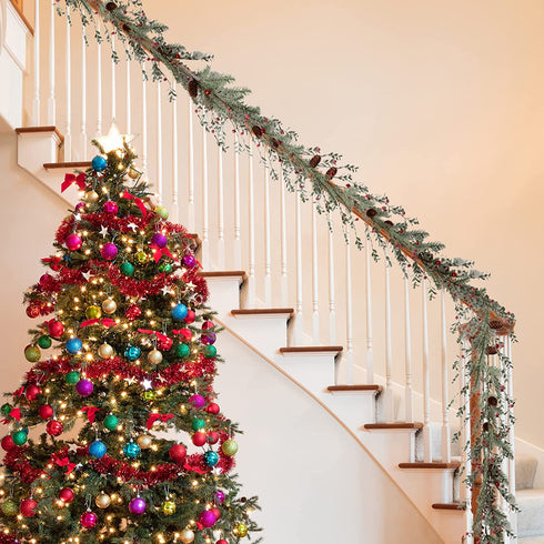 LOHASBEE Artificial Christmas Garland, 5 Feet Pine Cone Boxwood Garland with Red Berries, Bells Glitter for Christmas Indoor Outdoor Garden Gate Front Door Home Wall Window Stair Decor