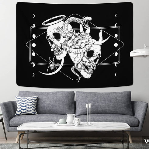 Skull Tapestry Skeleton Tapestry Gothic Tapestry Human Heart Tapestry Snake Moon Phase Tapestry Black and White Tapestry Wall Hanging for Room(59.1 x 82.7 inches)