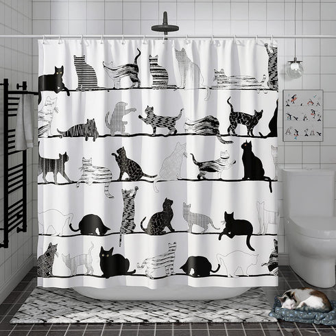 DESIHOM Funny Cat Shower Curtain Animal Black and White Shower Curtain Cartoon Fun Novelty Shower Curtain Polyester 72x72 Inch