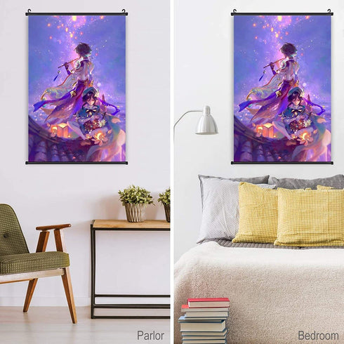Game Characters Xiao and Venti Scroll Painting Bedroom Modern Family Decor Canvas Wall Art Picture Print (16 x 24/20 x 28) Inches