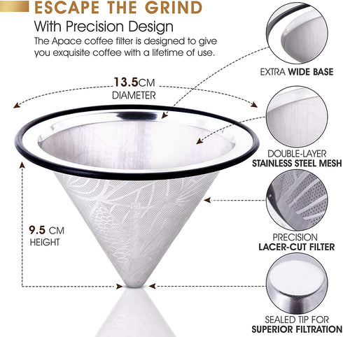 Apace Living Pour Over Coffee Filter - Wide Metal Base Reusable Stainless Steel Coffee Dripper - Perfect for Chemex Hario Bodum & Other Coffee Makers - Paperless Coffee Filter for Sustainable Brewing