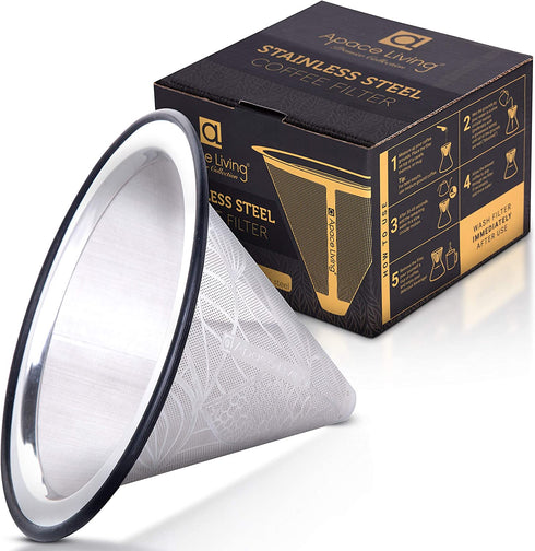 Apace Living Pour Over Coffee Filter - Wide Metal Base Reusable Stainless Steel Coffee Dripper - Perfect for Chemex Hario Bodum & Other Coffee Makers - Paperless Coffee Filter for Sustainable Brewing