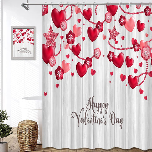 Valentine's Day Shower Curtain Farmhouse Romantic Red Love Hearts Floral Bathroom Curtains, Rustic Vintage Wooden Shiny Star Fabric Shower Curtain Set, 72 x 72 Inch