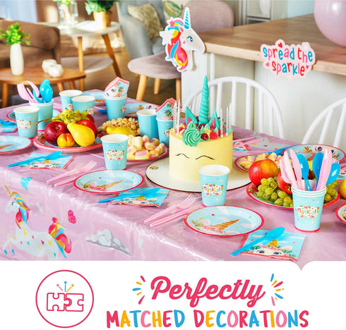 Unicorn Party Decorations by Aliza | Girl Princess Toddler Kids Birthday Pastel Rainbow Pink Decorations Cups Plates Signs Napkins Balloons Tablecloth Utensils Decorations for Girls Serves 16