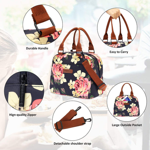 LOKASS Lunch Bag for women Insulated Lunch Tote Fashionable Cooler Bag Thermal Lunch Box with Detachable Shoulder Strap for Work/Picnic/Beach(Peony)