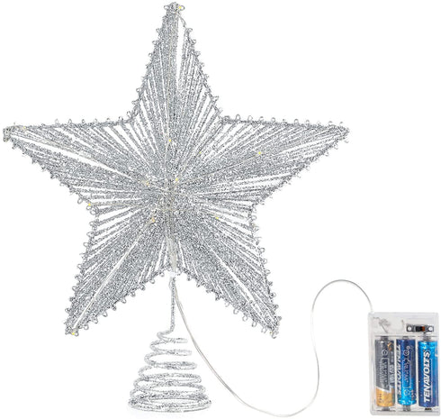 Roylvan Star Tree Topper, Glitter Christmas Star Tree Top Light, Battery Powered Decorative Treetop Light Xmas Tradition Tree Ornament for Home Decor, 9.8 x 11.8 inch, Silver