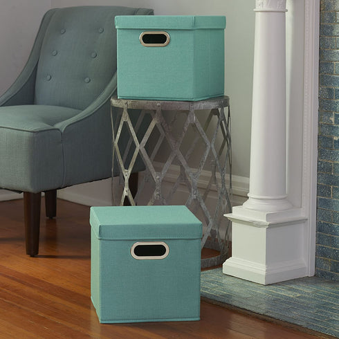 Household Essentials 806-1 Caf© Lids and Handles | 2 Pack | Teal Green Linen Cube Bin Storage Set, 2 Count