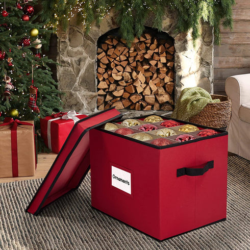 WBHome Christmas Ornament Storage Box with Removable Lid, 4'' Compartment Storage Container with Adjustable Dividers, Keeps 36 Holiday Ornaments & Decoration Accessories, Red
