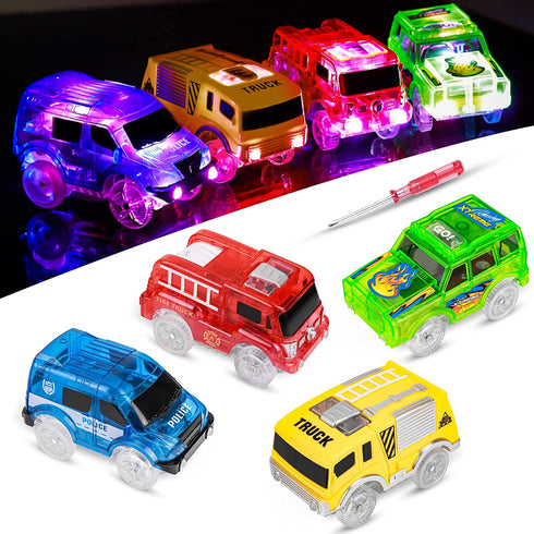 Tracks Cars Replacement Only, Light Up Magic Cars for Tracks Compatible with Glow in The Dark Toy Cars with 5 LED Flashing Lights for Most Race Tracks Only Toy Cars Track Car Accessories (4 Pack)