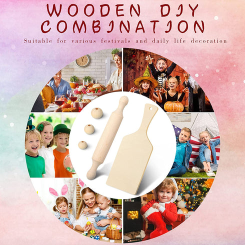 6 Pcs Mini Rolling Pin Wooden Handle Rolling Pin, 6 Pcs Wooden Cutting Board with Handle Serving Paddle Chopping Board Serving Board for Baking, 60 Pcs Wooden Bead Unfinished Wood Bead with Twine