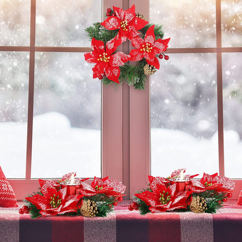 2 Pcs 10 Inch Christmas Poinsettia Candle Holder Centerpiece Red Poinsettia Christmas Candle Rings with 2 Pcs Christmas Candle Holders Glass for Home Party Christmas Table Mantel Decorations(Red)