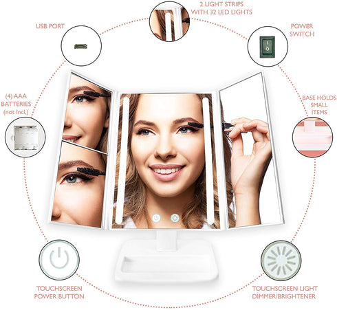 (2-Pack) Lighted Makeup Mirrors - 3-Color Dimmable Lighting Vanity w/ 32 LEDs, Tri-Fold Design - 1X 2X 3X Magnification, Smart Touchscreen Control, USB Power, Portable Folding Personal Cosmetic Mirror