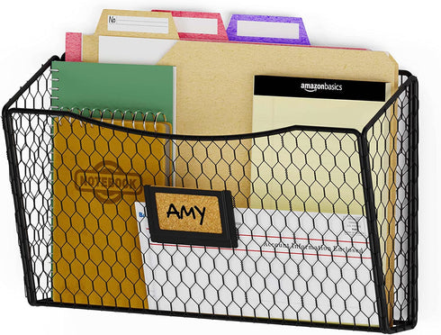 Wall35 Felic Hanging File Organizer, Folder and Mail Holder for Wall, Metal Chicken Wire Baskets with Tag Slot