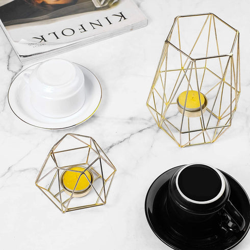 Geometric Gold Tealight Holder for Table Decor Large and Small Metal Hexagon Votive Candle Centrepiece for Shelf Decor Set of 2