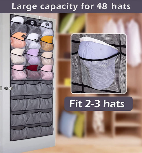 KEETDY 24 Baseball Hat Rack for Door Large Hat Organizer for Baseball Caps with Elastic Pockets Caps Holder Protect and Display Hat Storage, Gray
