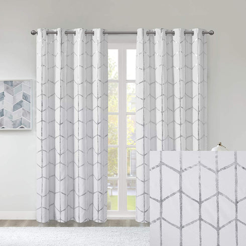 Intelligent Design Raina Total Blackout Metallic Print Grommet Top Single Curtain Panel Thermal Insulated Light Blocking Drape for Bedroom Living Room and Dorm, 50x84, White/Silver 1 Piece