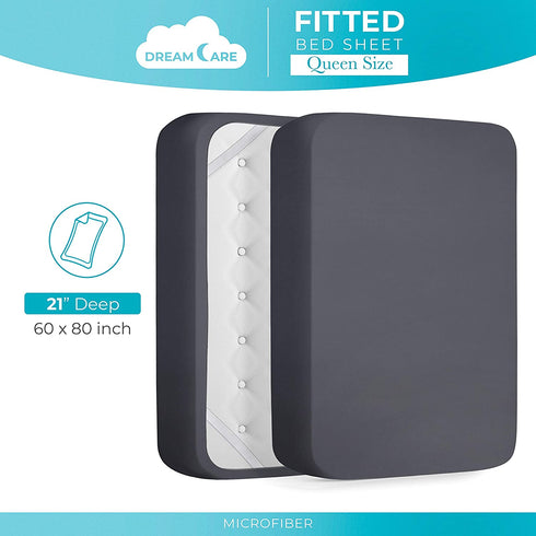 Extra Deep Pocket Fitted Sheet Deep Pocket Fitted Sheet Only - Up to 21 Inch Mattress Sheet Queen Size Fitted Sheet, Dark Gray