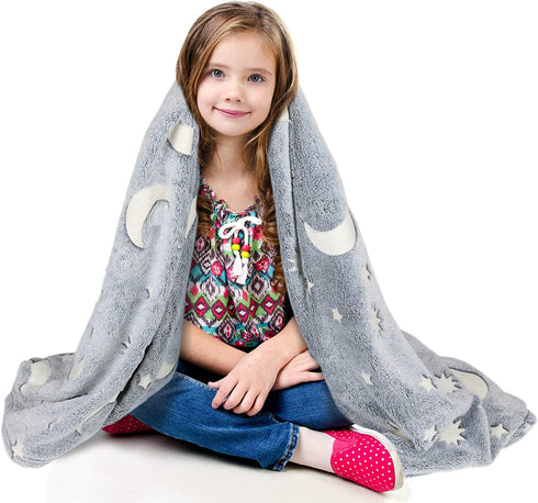 Greenco Kids Fleece Glow in The Dark Throw Blanket Fuzzy Throw Blanket Soft Warm Ultra Luxurious Receiving Blanket (48" x 60" Gray)