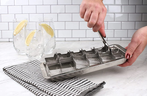 RSVP International Endurance® Vintage Inspired Ice Cube Tray, 11" | Retro Design for Bars & Kitchens | Levers Remove Cubes | Heavy Duty Stainless Steel | Dishwasher Safe